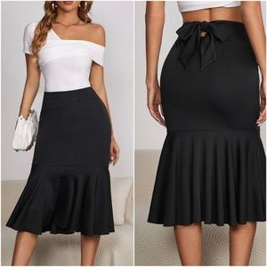 Classic Black Ruffle Hem Midi Skirt